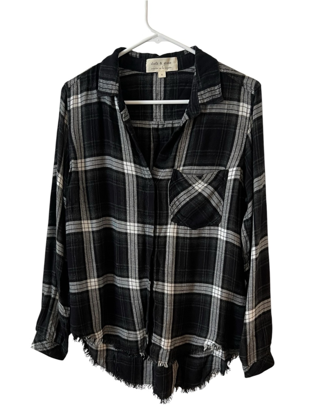 Anthropologie Cloth & Stone Flannel Long Sleeve Fringe V Neck Button Top Size S
